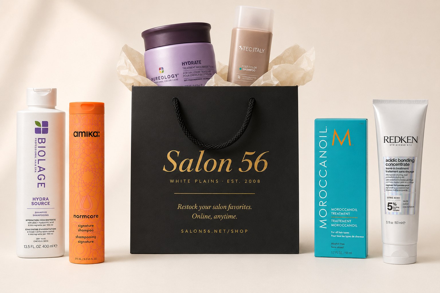 Salon 56 gift bag with salon products. Restock your salon favorites. Online, anytime. salon56.net/shop